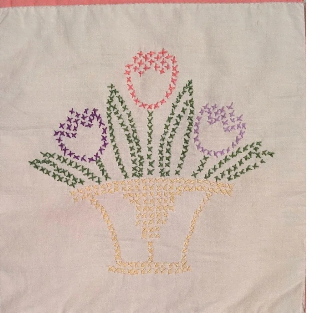 Vintage Handmade Cross Stitch‎ Tulip Basket Patchwork Quilt Pink Pastel 92x76 in
